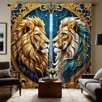 2 шт. HD Европейский винтажный лев лицом к лицу декоративная занавеска Желтая завязка цифровая печать занавеска украшение дома стиль decora W52H63inchW132H160cm
