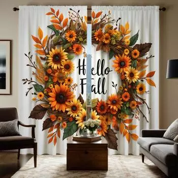 2 шт. HD гирлянда из ротанга с изображением подсолнуха на День благодарения, занавеска с зеленой и желтой завязкой, цифровая печать, стиль украшения дома, украшение W52H63inchW132H160cm