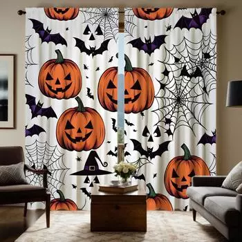 2 шт. HD Хэллоуин Джек-о -фонарь Паутина Летучая мышь занавеска Белый галстук цифровой печатный занавес Домашний декор стиль Украсьте гостиную W52H63inchW132H160cm