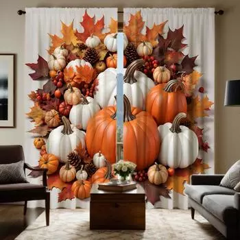2 шт. HD Хэллоуин имитация тыквы шишка кленовый лист декоративная занавеска Желтая завязка цифровая печать занавеска для дома украшение W52H63inchW132H160cm