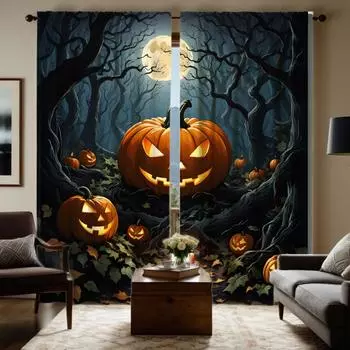 2 шт. HD Хэллоуин Темная ночь Луна Джек-О -фонарь Древнее дерево занавеска Черный галстук цифровая печать занавеска Домашний декор стиль De W52H63inchW132H160cm