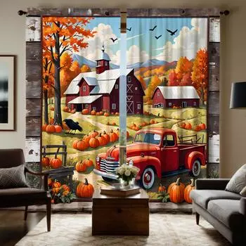 2 шт. HD Harvest Festival Mountain Hut Pumpkin bus декоративная занавеска Желтая завязка цифровая печать занавеска стиль украшения дома W52H63inchW132H160cm