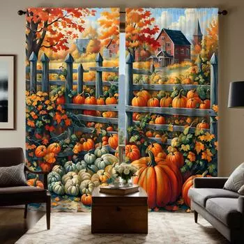 2 шт. HD Harvest Festival Pumpkin Hut Maple Forest декоративная занавеска Желтая завязка цифровая печать занавеска стиль украшения дома W52H63inchW132H160cm