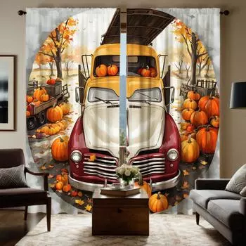 2 шт. HD Harvest Festival Pumpkin винтажная автомобильная занавеска в кленовом лесу Желтая завязка цифровая печать занавеска для украшения дома s W52H63inchW132H160cm