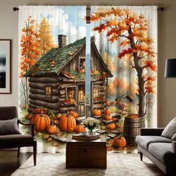 2 шт. HD Harvest Festival Small House Maple Leaf Pumpkin декоративная занавеска Желтая завязка цифровая печать занавеска украшение для дома W52H63inchW132H160cm
