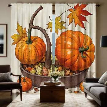 2 шт. HD Harvest Festival тыква лоза кленовый лист декоративная занавеска Желтая завязка цифровая печать занавеска украшение дома стиль W52H63inchW132H160cm