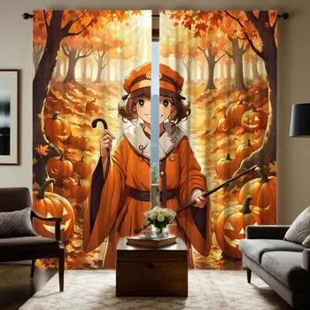 2 шт. HD кленовый лист лес принц Джек-фонарь занавеска с тростью в руке желтый галстук цифровая печать занавеска домашний декор sty W52H63inchW132H160cm