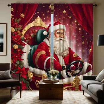 2 шт. HD красный стул, сидящий Санта-Клаус занавеска с красной завязкой, цифровая печать занавески, стиль домашнего декора, украшение гостиной, спальни W52H63inchW132H160cm