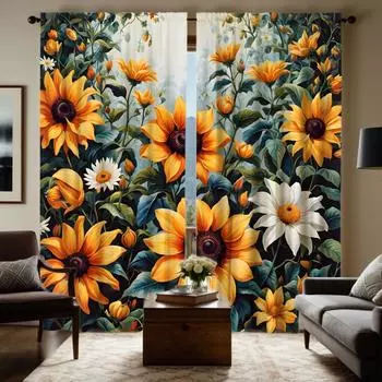 2 шт. HD красочные цветочные занавески с изображением подсолнуха Желтые занавески с цифровой печатью Украшение для дома, стиль украшения для гостиной W52H63inchW132H160cm