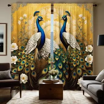 2 шт. HD лесной зеленый белый павлин цветок богатые декоративные занавески желтые цифровые печатные занавески украшение дома стиль де W52H63inchW132H160cm