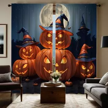 2 шт. HD Лунный фонарь Джека Призрак занавеска Черный галстук цифровой печатный занавес Украшение дома стиль Украшение гостиной W52H63inchW132H160cm