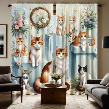 2 шт. HD милый кот питомец цветы декоративная занавеска с синим галстуком цифровая печать занавеска украшение дома стиль украшение гостиная W52H63inchW132H160cm