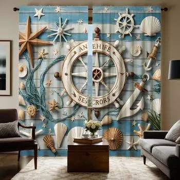 2 шт. HD Море встречается с небом Ракушка декоративная занавеска Синяя галстук цифровая печатная занавеска Украшение дома стиль Украшение гостиная кровать W52H63inchW132H160cm