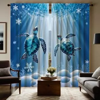 2 шт. HD Морское дно Романтичный Снежинка Черепаха дайвинг декоративная занавеска Синяя завязка цифровая печать занавеска Стиль украшения дома W52H63inchW132H160cm