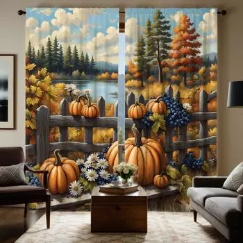 2 шт. HD наружная осенняя речная кромка тыква фрукт декоративная занавеска Желтая завязка цифровая печать занавеска украшение дома стиль d W52H63inchW132H160cm
