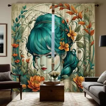 2 шт. HD National Tide заливка цвет девушка декоративная занавеска зеленая галстук цифровая печать занавеска украшение дома стиль Украшение l W52H63inchW132H160cm