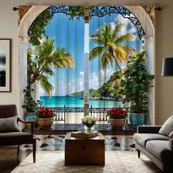 2 шт. HD оконный тропический пейзаж декоративная занавеска с синей завязкой цифровая печатная занавеска стиль украшения дома украшение livi W52H63inchW132H160cm