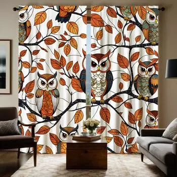 2 шт. HD Осеннее дерево Кошачья голова Орла Семья декоративная занавеска Желтая завязка цифровая печать занавеска Домашнее украшение стиль Декор W52H63inchW132H160cm