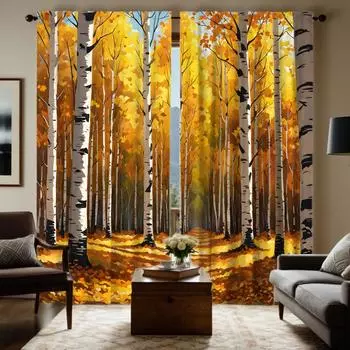 2 шт. HD осенние березовые листья декоративная занавеска Желтая цифровая печать занавеска украшение для дома стиль украшение liv W52H63inchW132H160cm