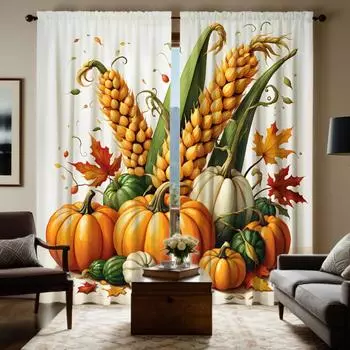 2 шт. HD Осенний фестиваль урожая Пшеничная тыква Кленовый лист красная декоративная занавеска Желтая завязка цифровая печать занавеска Домашний декор W52H63inchW132H160cm