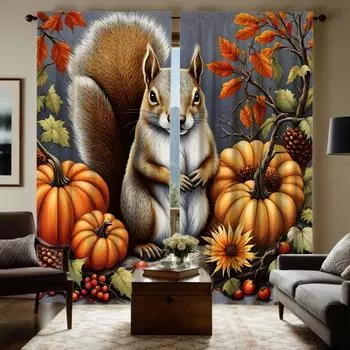 2 шт. HD Осенний фестиваль урожая Тыква Белка Шишка декоративная занавеска Желтая завязка цифровая печать занавеска Домашний декор s W52H63inchW132H160cm