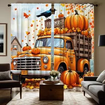 2 шт. HD Осенний грузовик с тыквой Кленовый лист щебечущие птицы декоративная занавеска Желтая завязка цифровая печать занавеска для домашнего декора хлев W52H63inchW132H160cm
