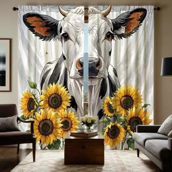 2 шт. HD подсолнечника в коровьей декоративной занавеске белый галстук цифровая печать занавеска украшение дома стиль украшение гостиная W52H63inchW132H160cm