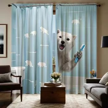 2 шт. HD Polar Bear декоративная занавеска с кистью Синяя завязка цифровая печать занавеска Украшение дома стиль Украшение гостиной W52H63inchW132H160cm