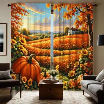 2 шт. HD поле Подсолнух сад Клен урожай фрукты декоративная занавеска Желтая завязка цифровая печать занавеска украшение дома свинарник W52H63inchW132H160cm