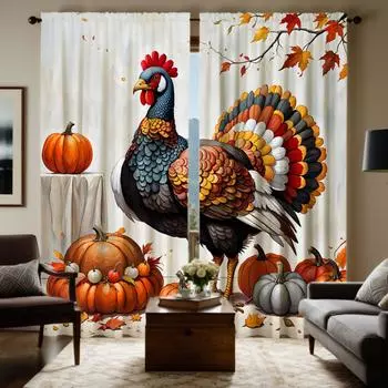2 шт. HD Праздник урожая Петух Тыква декоративная занавеска Белый галстук цифровая печать занавеска Украшение дома стиль Украшенный W52H63inchW132H160cm