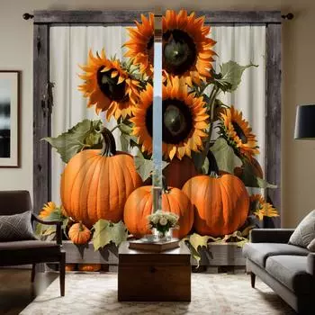 2 шт. HD Праздник урожая Подсолнух Тыква занавеска Желтая галстук цифровая печать занавеска Домашний декор стиль Украсьте гостиную б W52H63inchW132H160cm