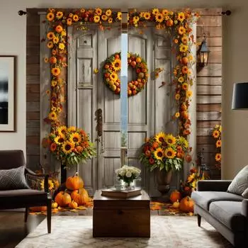 2 шт. HD Праздник урожая Подсолнухи гирлянда деревянная дверь тыква занавеска Желтая завязка цифровая печать занавеска Домашний декор стиль De W52H63inchW132H160cm