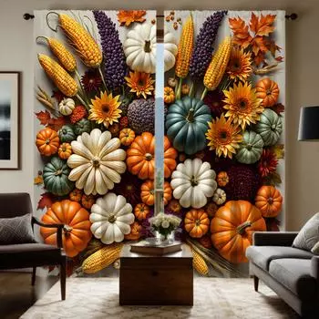 2 шт. HD Праздник урожая тыква кукуруза сорго декоративная занавеска Желтая завязка цифровая печать занавеска украшение дома стиль Декабрь W52H63inchW132H160cm
