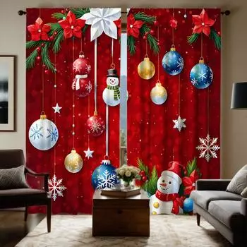 2 шт. HD Рождественская атмосфера подвесной шар красный цветок декоративная занавеска Красный галстук цифровая печать занавеска украшение дома стиль D W52H63inchW132H160cm