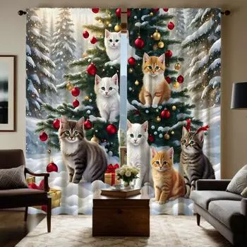 2 шт. HD Рождественская елка на кошачьем снегу декоративная занавеска Желтая завязка цифровая печать занавеска украшение для дома стиль decora W52H63inchW132H160cm
