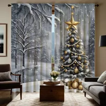 2 шт. HD Рождественская елка Снежная Гора пейзаж декоративная занавеска белый галстук цифровая печать занавеска украшение дома стиль d W52H63inchW132H160cm