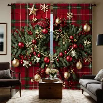 2 шт. HD Рождественская гирлянда из ротанга, цветной шар, декоративная занавеска, зеленая завязка, цифровая печать, занавеска, украшение для дома в стиле деко W52H63inchW132H160cm