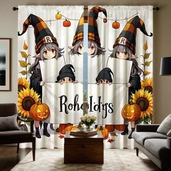 2 шт. HD Рождественская гномья деревня тыква декоративная занавеска Желтая завязка цифровая печать занавеска Домашнее украшение стиль Decoratio W52H63inchW132H160cm