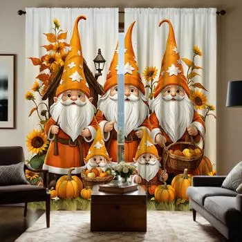 2 шт. HD Рождественская гномья деревня тыква декоративная занавеска Желтая завязка цифровая печать занавеска Домашнее украшение стиль Decoratio W52H63inchW132H160cm