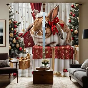 2 шт. HD Рождественская милая подарочная коробка с кроликом, украшение на рождественскую елку, занавеска с красной завязкой и цифровой печатью, стиль украшения дома W52H63inchW132H160cm