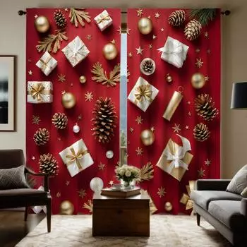 2 шт. HD Рождественская подарочная коробка с шишками Декоративная занавеска Красная завязка цифровая печатная занавеска Стиль украшения дома Украшенная гостиная W52H63inchW132H160cm