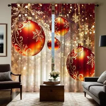 2 шт. HD Рождественская снежинка красный шарик сплошной декоративный занавес Желтая завязка цифровая печать занавеска украшение дома стиль d W52H63inchW132H160cm