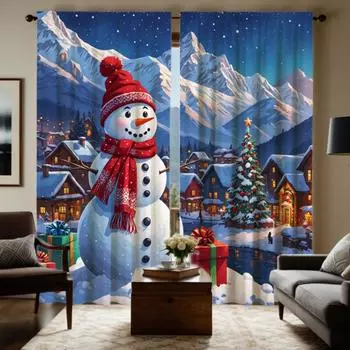 2 шт. HD Рождественская снежная горная сельская декоративная занавеска со снеговиком Синяя занавеска с цифровой печатью в стиле домашнего декора W52H63inchW132H160cm