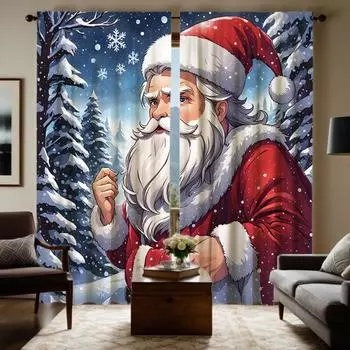 2 шт. HD Рождественская снежная ночь Санта-Клаус декоративная занавеска с синей завязкой цифровая печатная занавеска для украшения дома в стиле Украсьте l W52H63inchW132H160cm