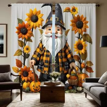 2 шт. HD Рождественская занавеска с изображением Санты, тыквы и подсолнуха, желтая завязка, цифровая печать, занавеска для домашнего декора, стиль украшения гостиной W52H63inchW132H160cm