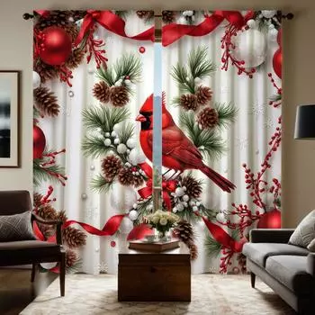2 шт. HD Рождественские праздничные красные фрукты Красные ветки птиц на декоративных занавесках Красный галстук цифровая печать занавесок Украшение для дома W52H63inchW132H160cm