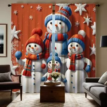 2 шт. HD рождественских нагрудников со снеговиком, декоративная занавеска с красной завязкой, цифровая печать, украшение для дома W52H63inchW132H160cm