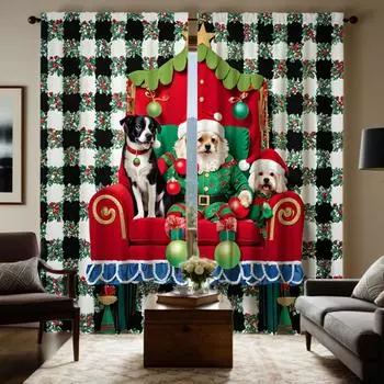 2 шт. HD Рождественский диван собака клетчатая занавеска латте зеленая галстук цифровая печатная занавеска украшение дома стиль украшение гостиная W52H63inchW132H160cm