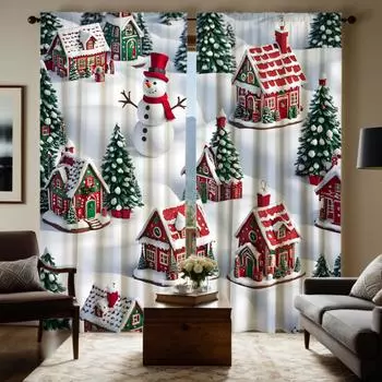 2 шт. HD Рождественский городок Коттедж Куча Снеговик Декоративная занавеска Белый галстук цифровая печать занавеска Домашнее украшение стиль Decora W52H63inchW132H160cm