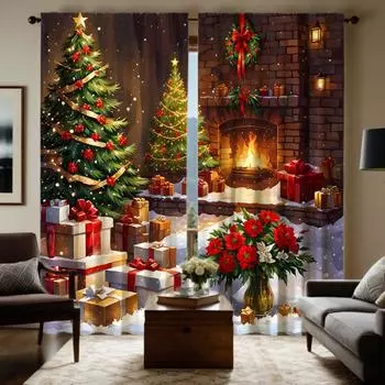 2 шт. HD Рождественский камин Цветочный подарок Рождественская елка украшение занавеска Зеленая завязка цифровая печать занавеска Украшение для дома s W52H63inchW132H160cm